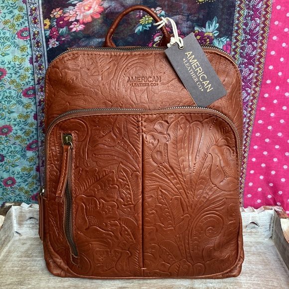 American Leather Co Handbags - American Leather Co. Brandy Tooled Cleveland Backpack
